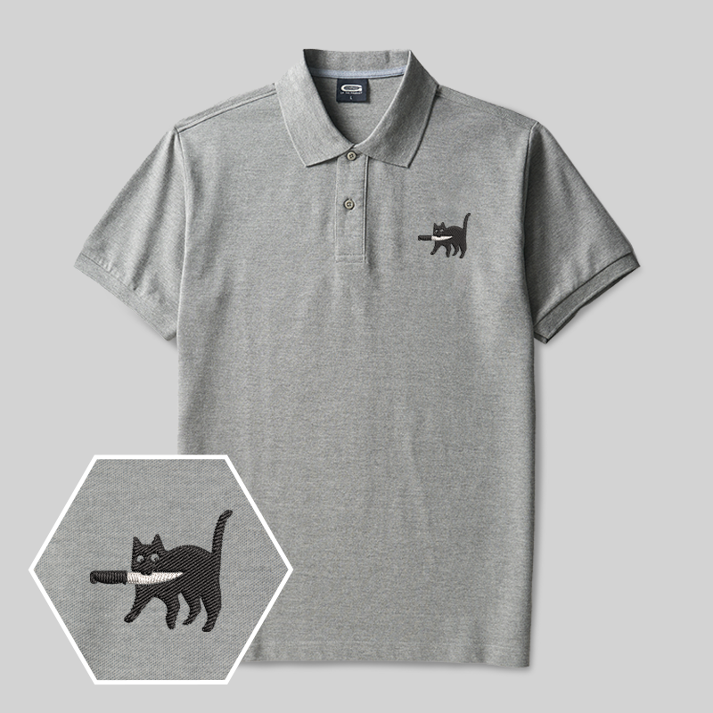 Samurai Cat Geek Embroidered Polo Shirts