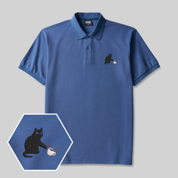Playful Cat Geek Embroidered Polo Shirts