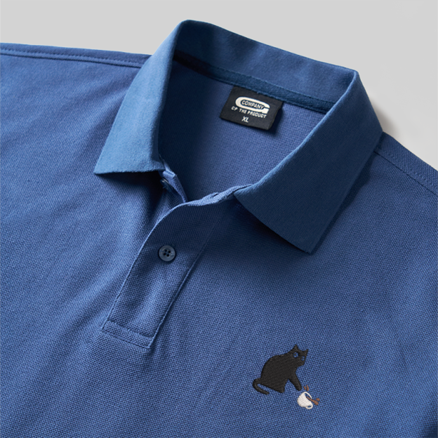 Playful Cat Geek Embroidered Polo Shirts