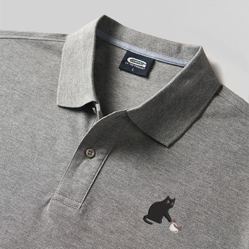 Playful Cat Geek Embroidered Polo Shirts