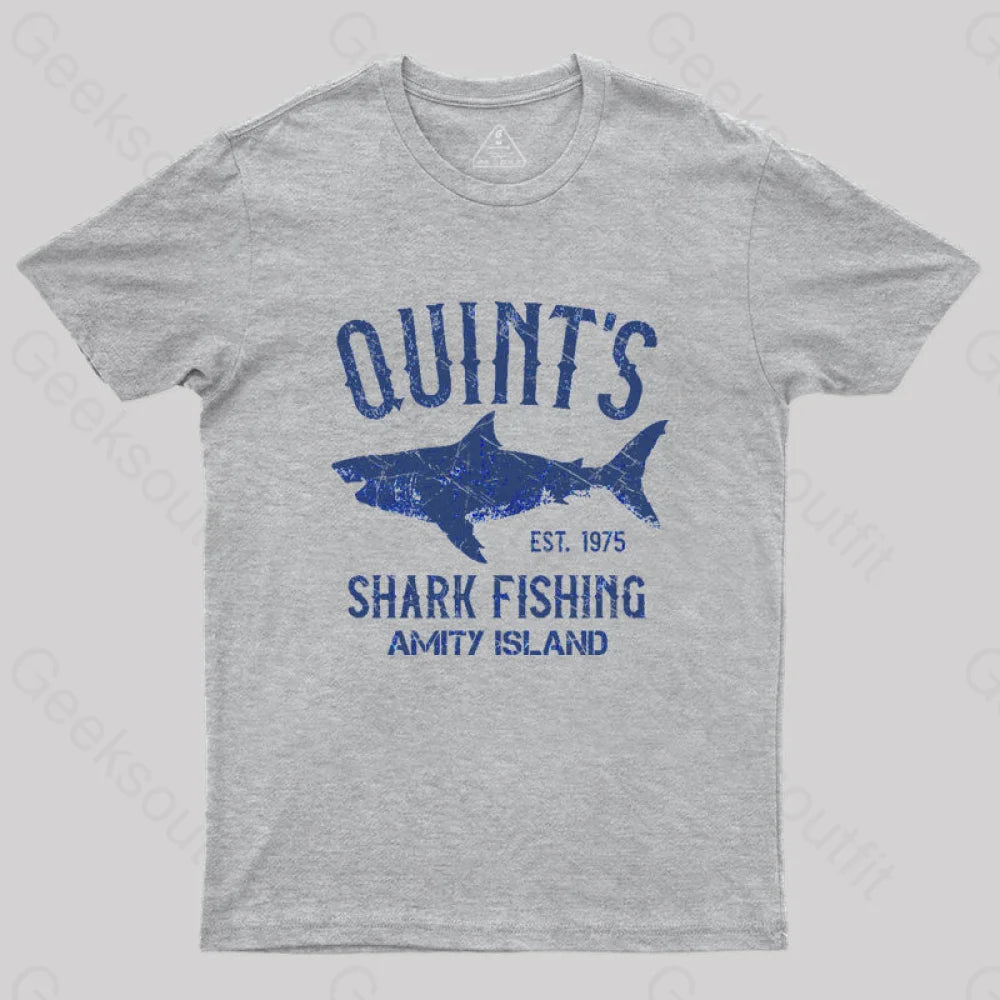 Quint¡¯s Shark Fishing Amity Island Nerd T-Shirt Grey / S