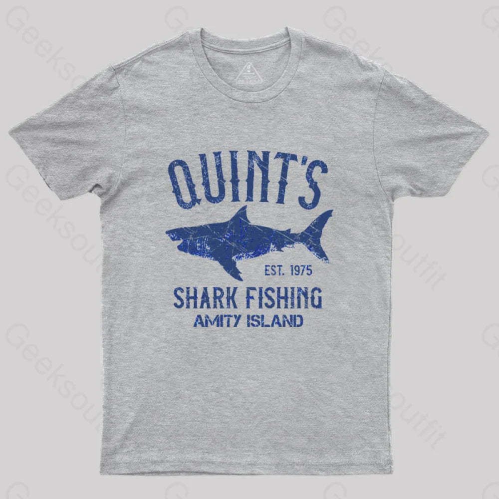 Quint¡¯s Shark Fishing Amity Island Nerd T-Shirt Grey / S