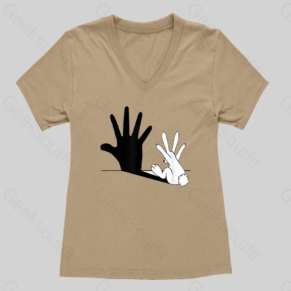 Rabbit Hand Shadow Funny Women's V-Neck T-shirt - Geeksoutfit