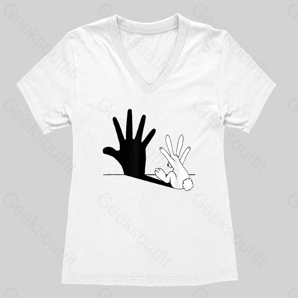 Rabbit Hand Shadow Funny Women's V-Neck T-shirt - Geeksoutfit
