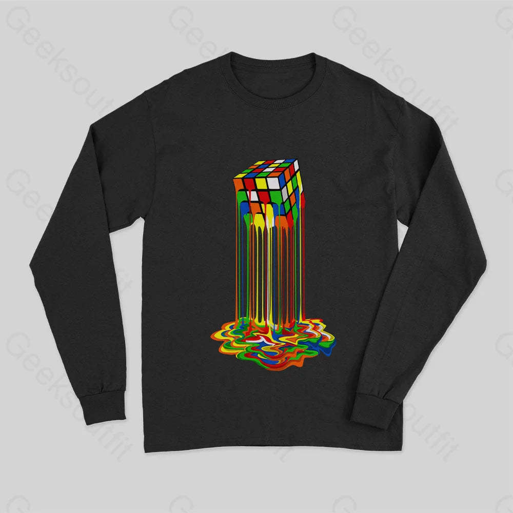 Rainbow Abstraction Melted Rubix Cube Long Sleeve T-Shirt Black / S