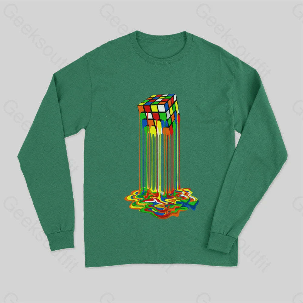 Rainbow Abstraction Melted Rubix Cube Long Sleeve T-Shirt Green / S