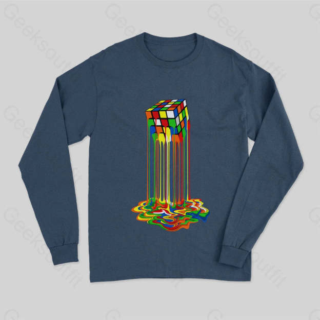 Rainbow Abstraction Melted Rubix Cube Long Sleeve T-Shirt Navy / S