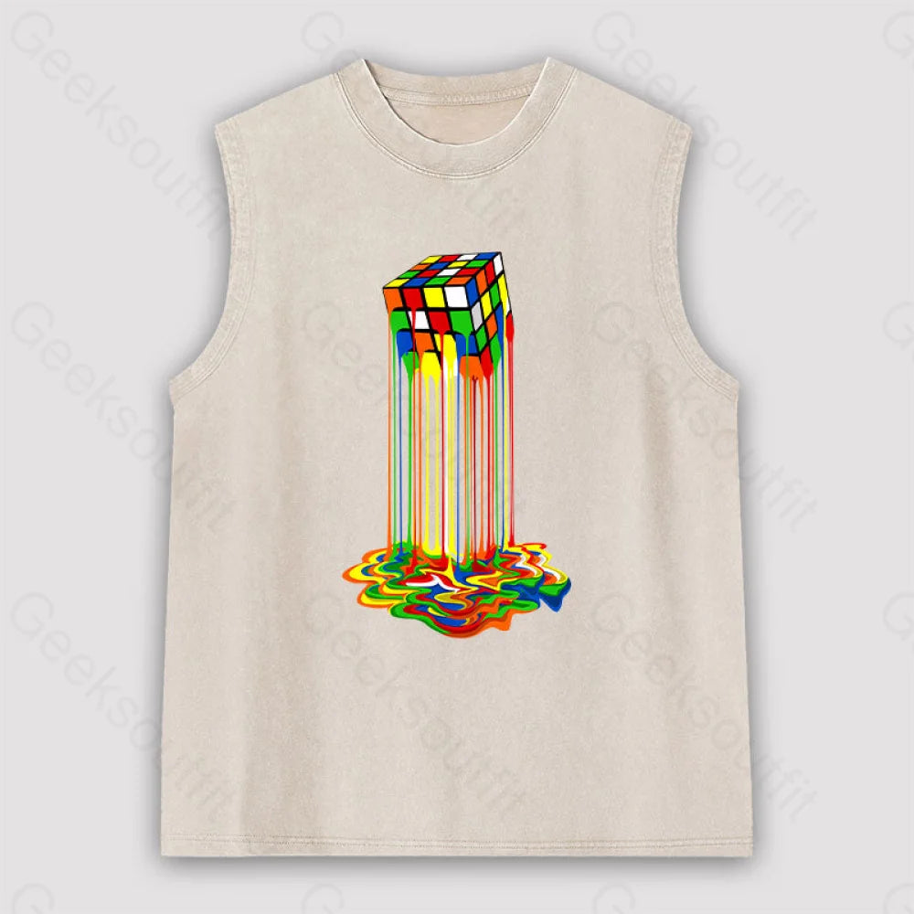 Rainbow Abstraction Melted Rubix Cube Unisex Washed Tank Apricot / S