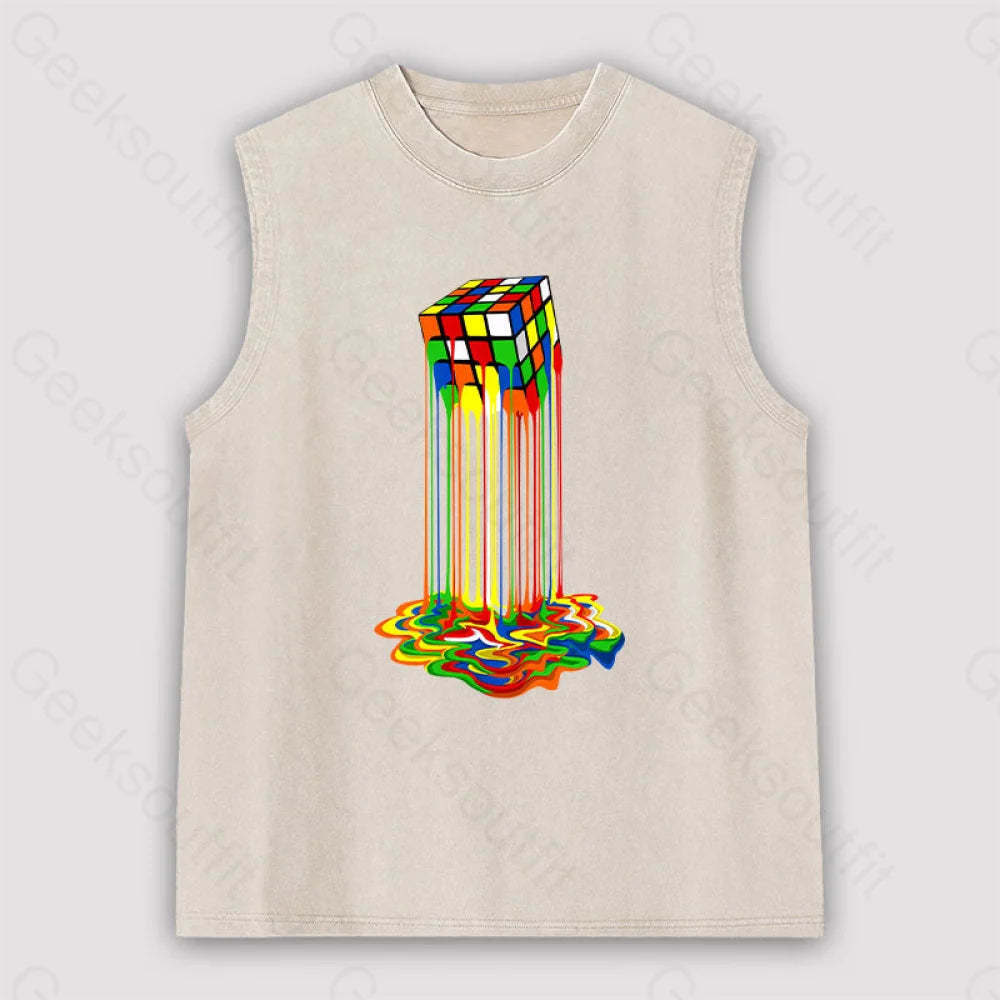 Rainbow Abstraction Melted Rubix Cube Unisex Washed Tank Apricot / S