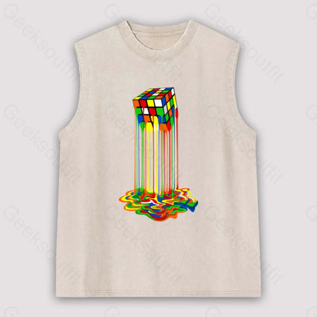 Rainbow Abstraction Melted Rubix Cube Unisex Washed Tank Apricot / S