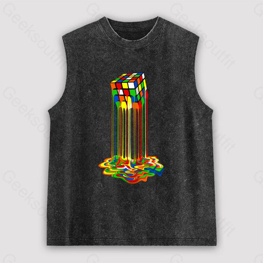 Rainbow Abstraction Melted Rubix Cube Unisex Washed Tank Black / S