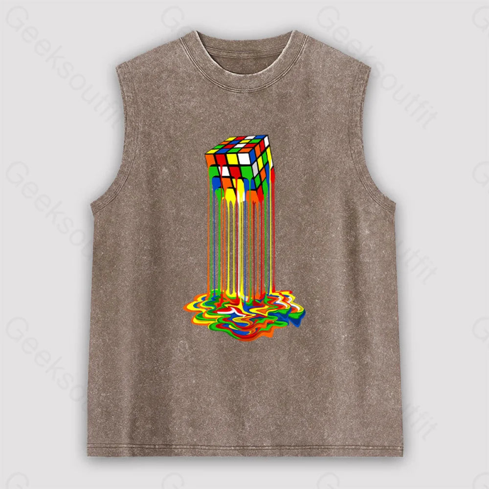 Rainbow Abstraction Melted Rubix Cube Unisex Washed Tank Brown / S