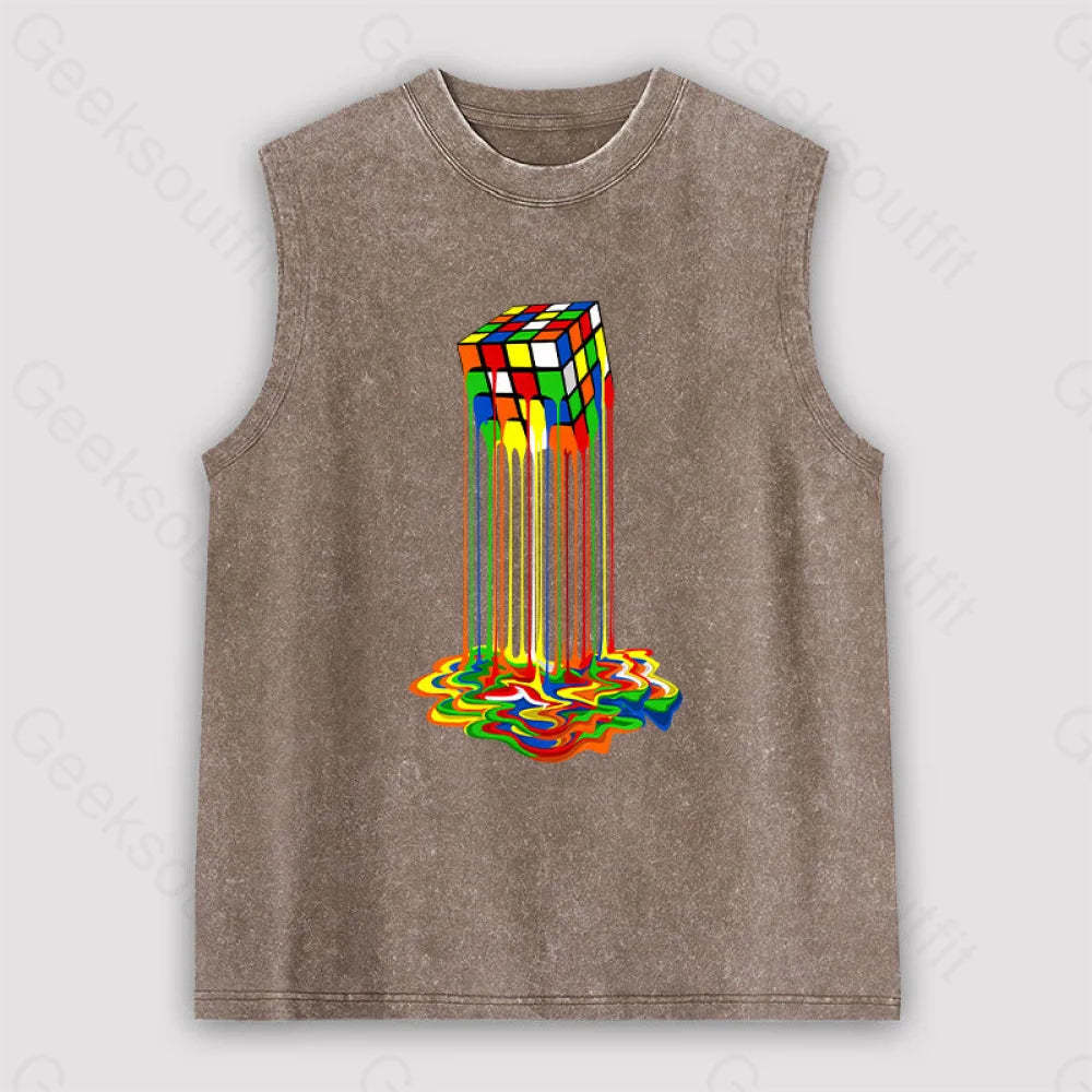 Rainbow Abstraction Melted Rubix Cube Unisex Washed Tank Brown / S