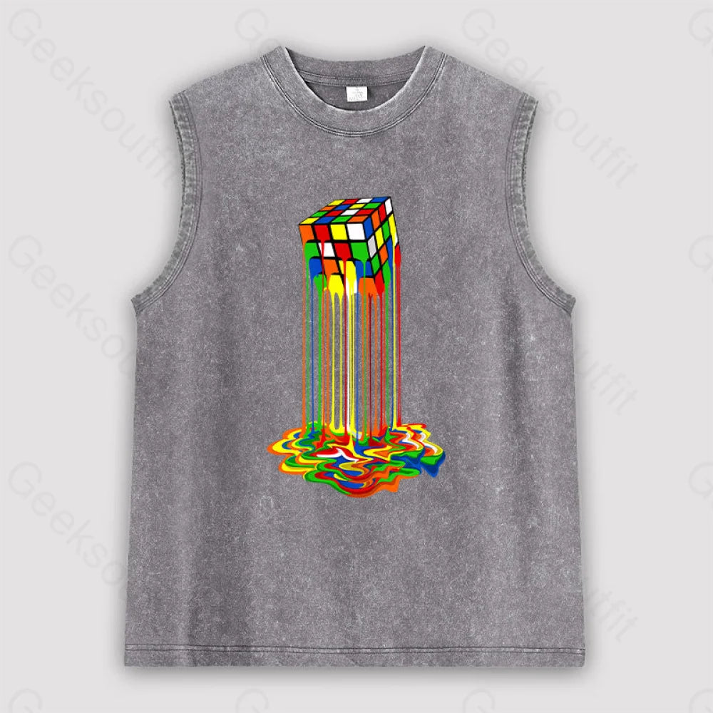 Rainbow Abstraction Melted Rubix Cube Unisex Washed Tank Grey / S