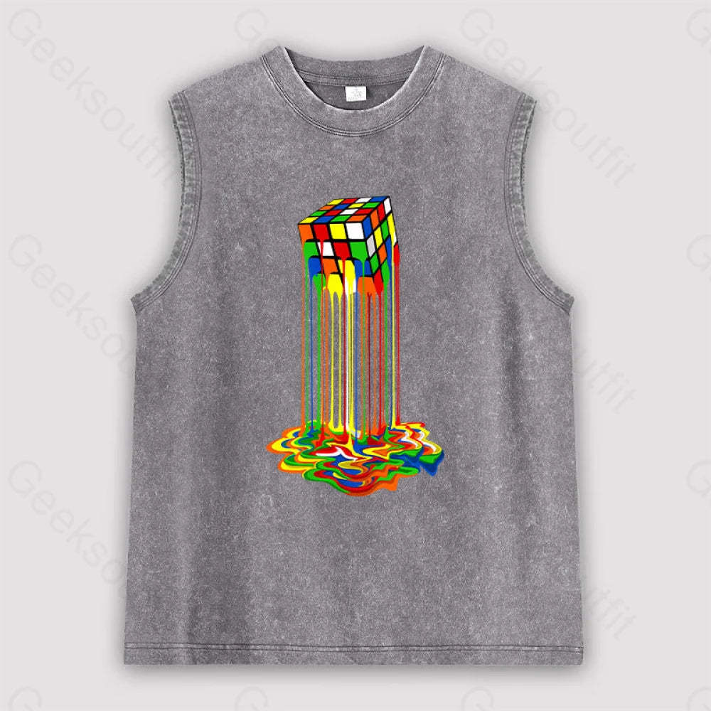 Rainbow Abstraction Melted Rubix Cube Unisex Washed Tank Grey / S
