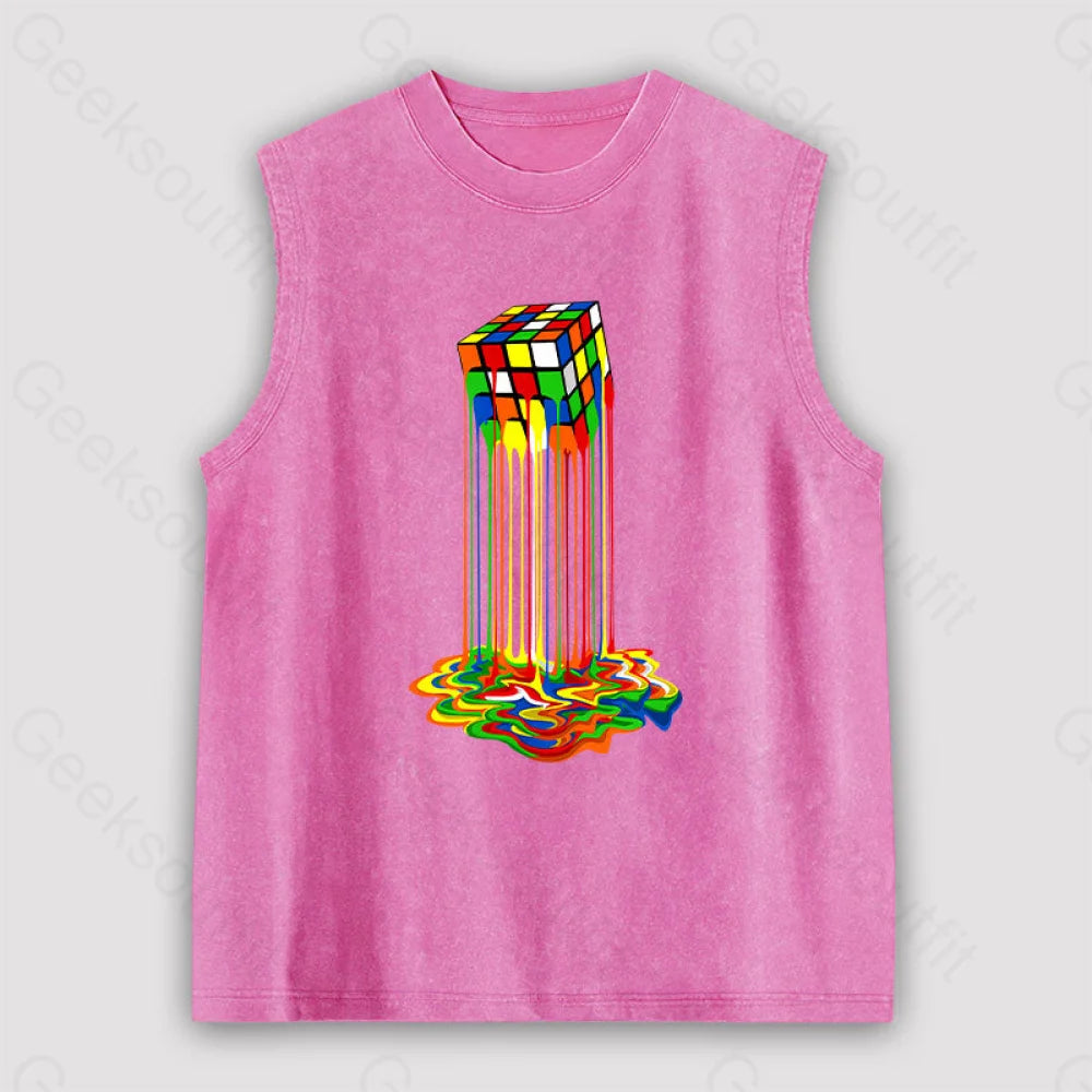 Rainbow Abstraction Melted Rubix Cube Unisex Washed Tank Pink / S