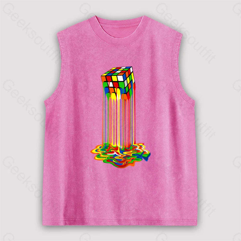 Rainbow Abstraction Melted Rubix Cube Unisex Washed Tank Pink / S