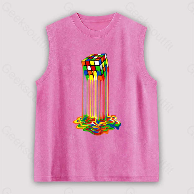 Rainbow Abstraction Melted Rubix Cube Unisex Washed Tank Pink / S