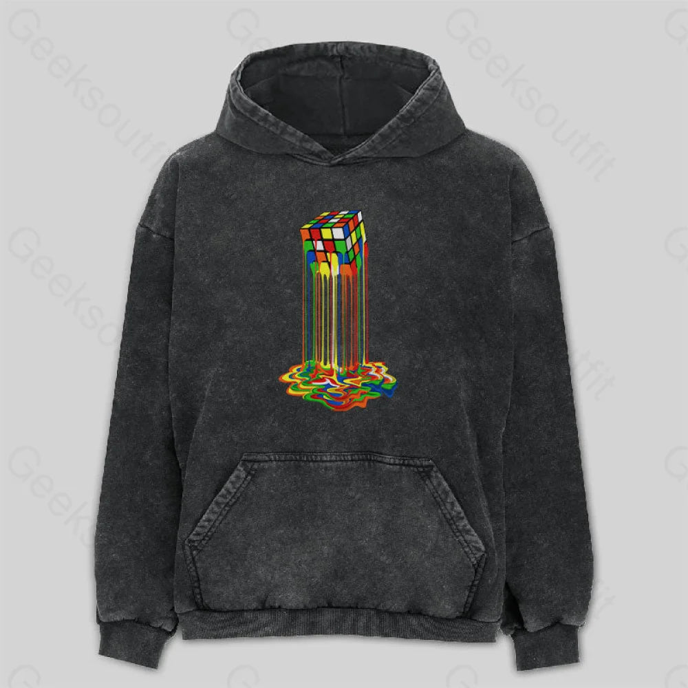 Rainbow Abstraction Melted Rubix Cube Washed Hoodie M
