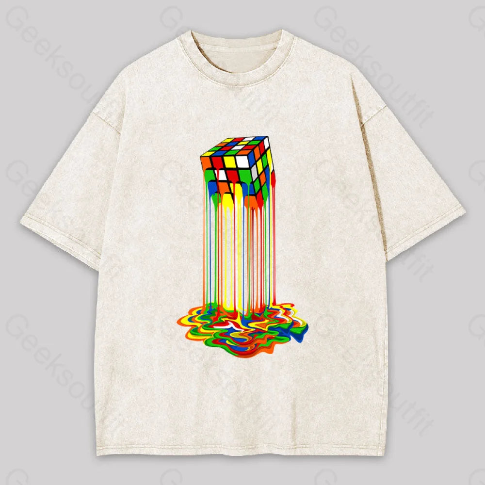Rainbow Abstraction Melted Rubix Cube Washed T-Shirt Apricot / S
