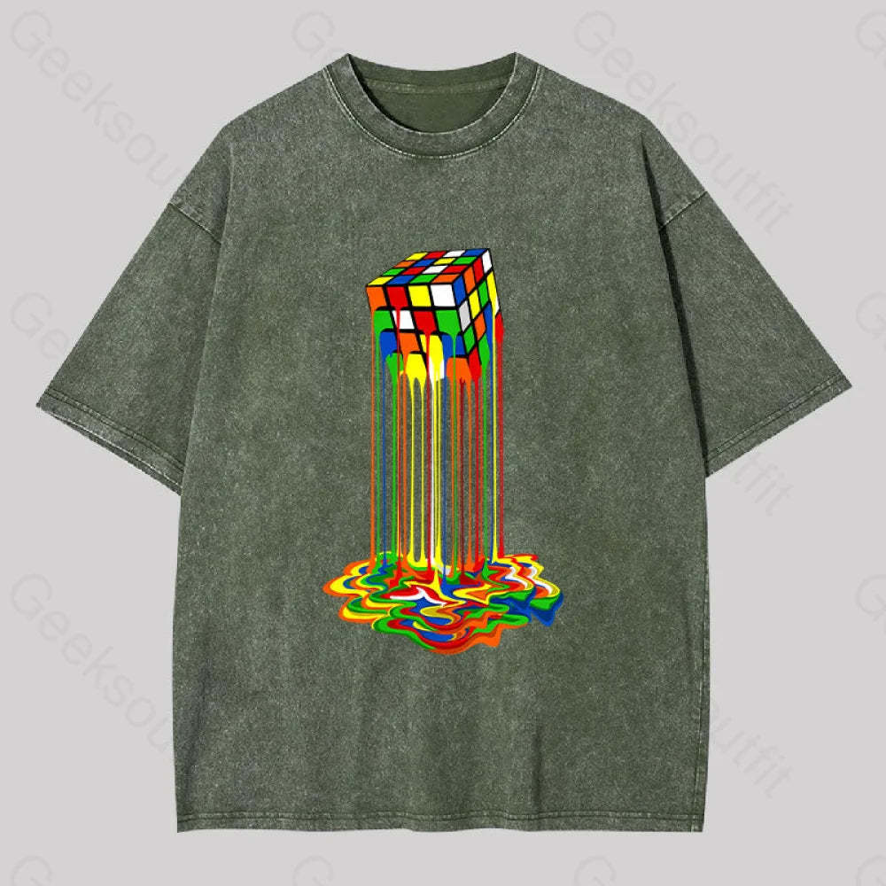Rainbow Abstraction Melted Rubix Cube Washed T-Shirt Army Green / S