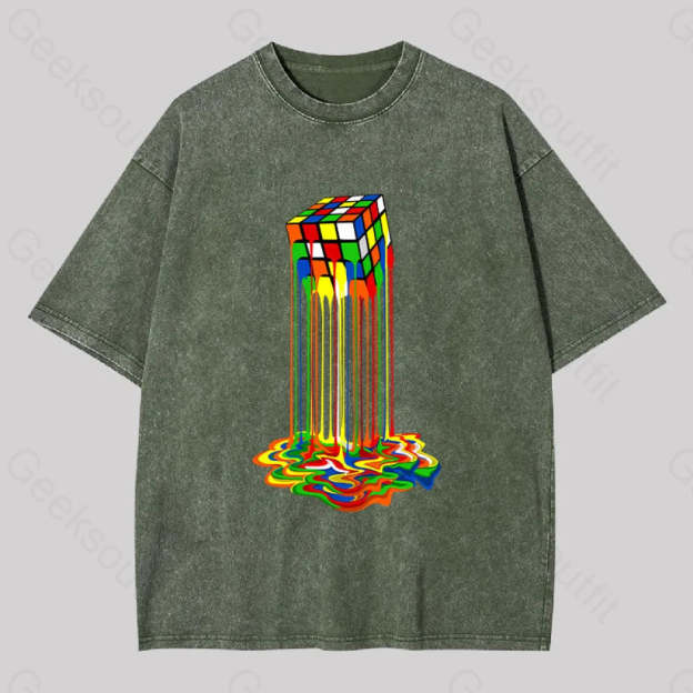 Rainbow Abstraction Melted Rubix Cube Washed T-Shirt Army Green / S