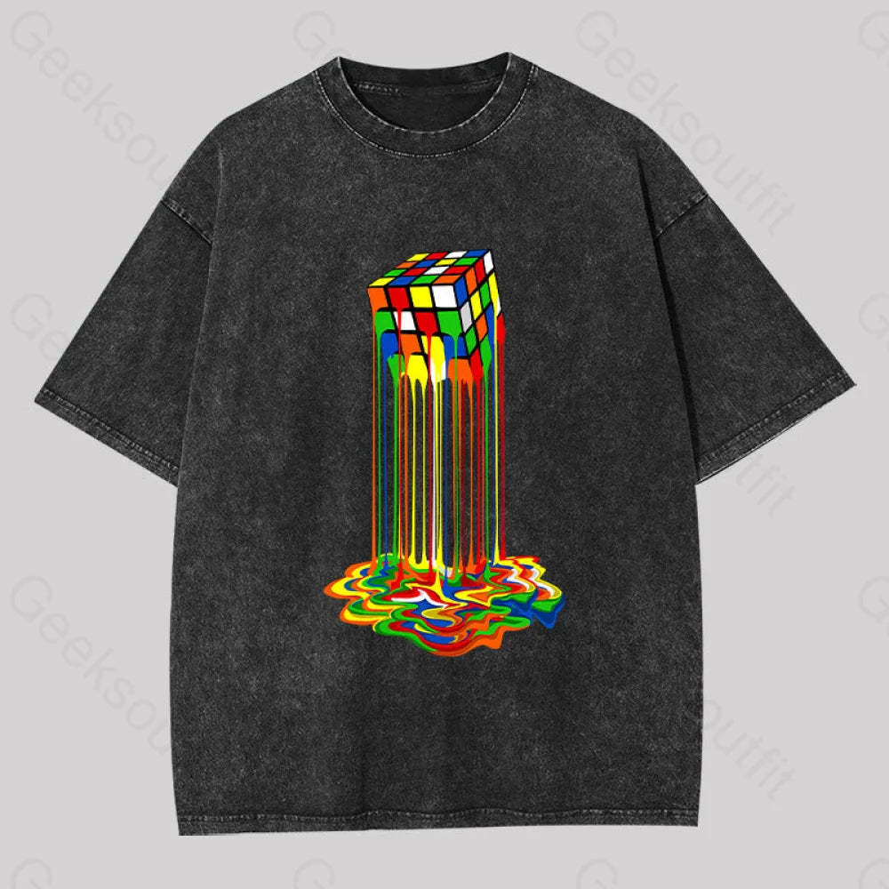 Rainbow Abstraction Melted Rubix Cube Washed T-Shirt Black / S