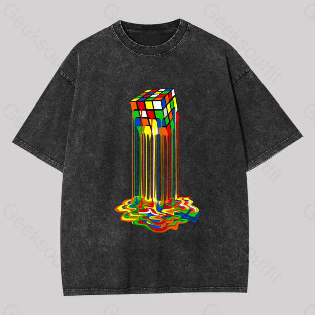 Rainbow Abstraction Melted Rubix Cube Washed T-Shirt Black / S