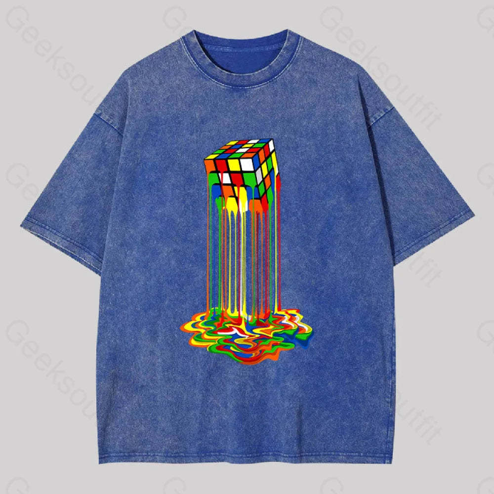 Rainbow Abstraction Melted Rubix Cube Washed T-Shirt Blue / S