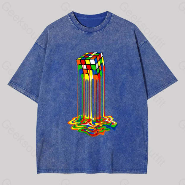 Rainbow Abstraction Melted Rubix Cube Washed T-Shirt Blue / S