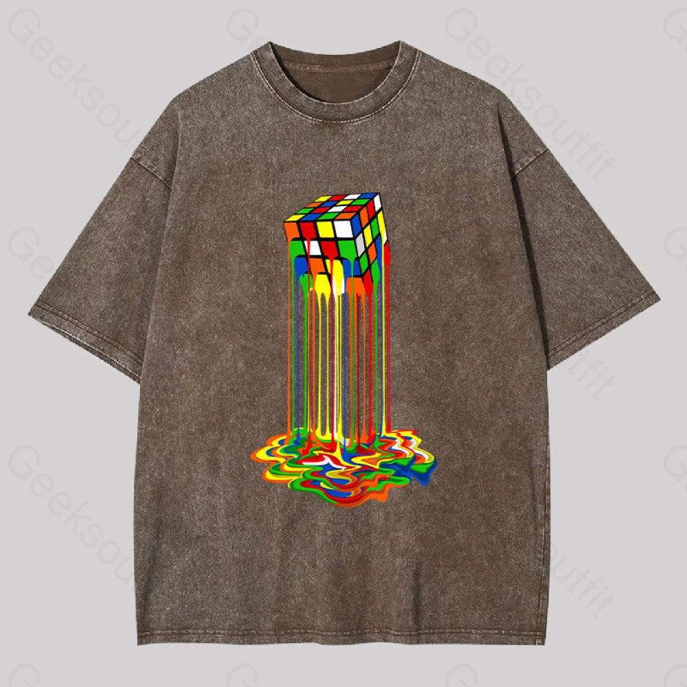 Rainbow Abstraction Melted Rubix Cube Washed T-Shirt Coffee / S