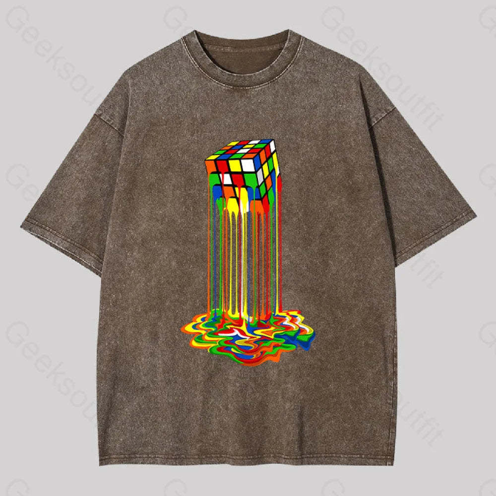 Rainbow Abstraction Melted Rubix Cube Washed T-Shirt Coffee / S