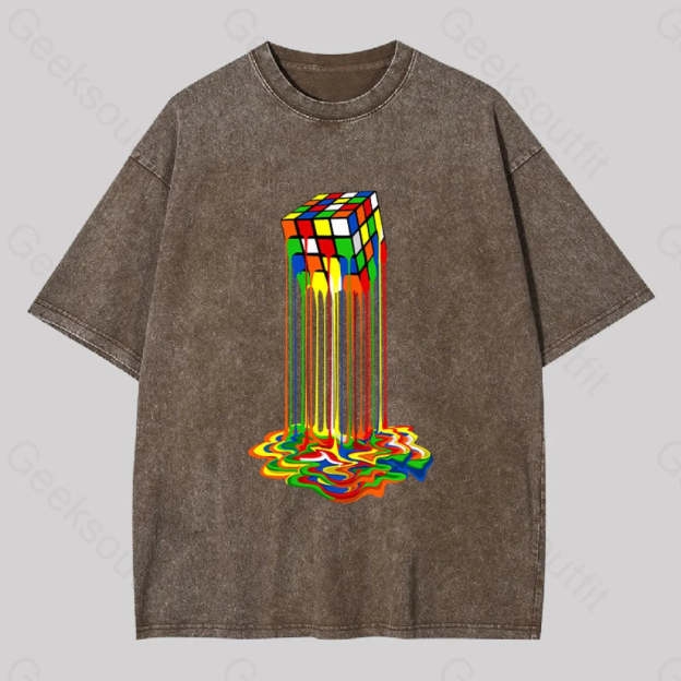 Rainbow Abstraction Melted Rubix Cube Washed T-Shirt Coffee / S