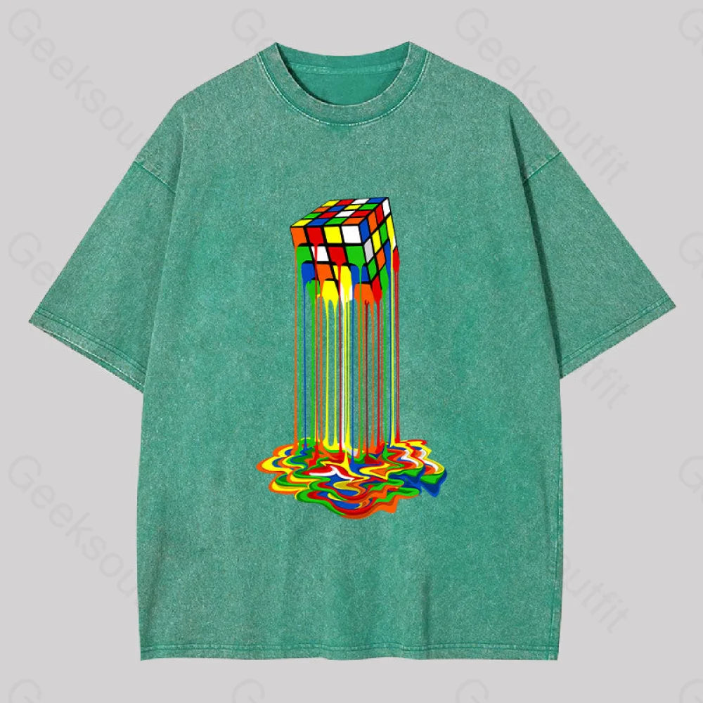 Rainbow Abstraction Melted Rubix Cube Washed T-Shirt Grass Green / S
