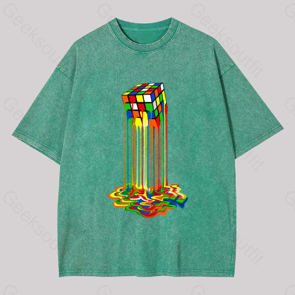 Rainbow Abstraction Melted Rubix Cube Washed T-Shirt Grass Green / S