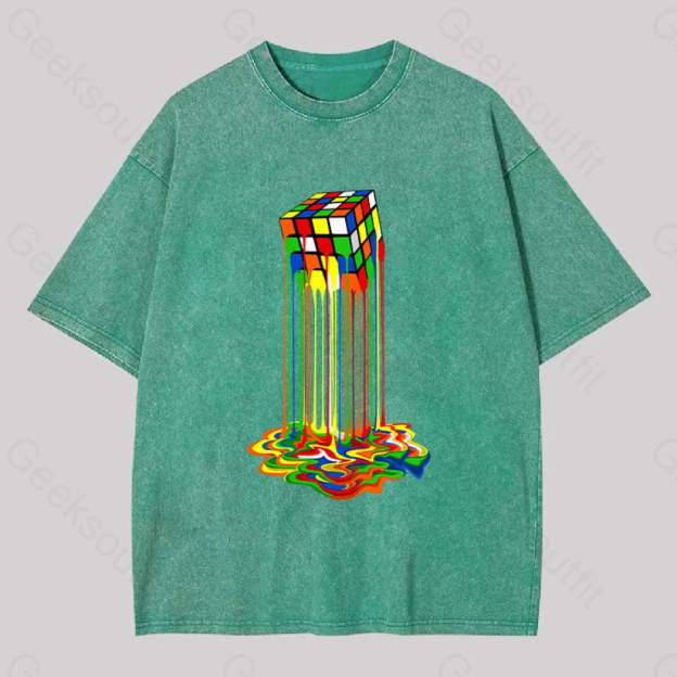 Rainbow Abstraction Melted Rubix Cube Washed T-Shirt Grass Green / S