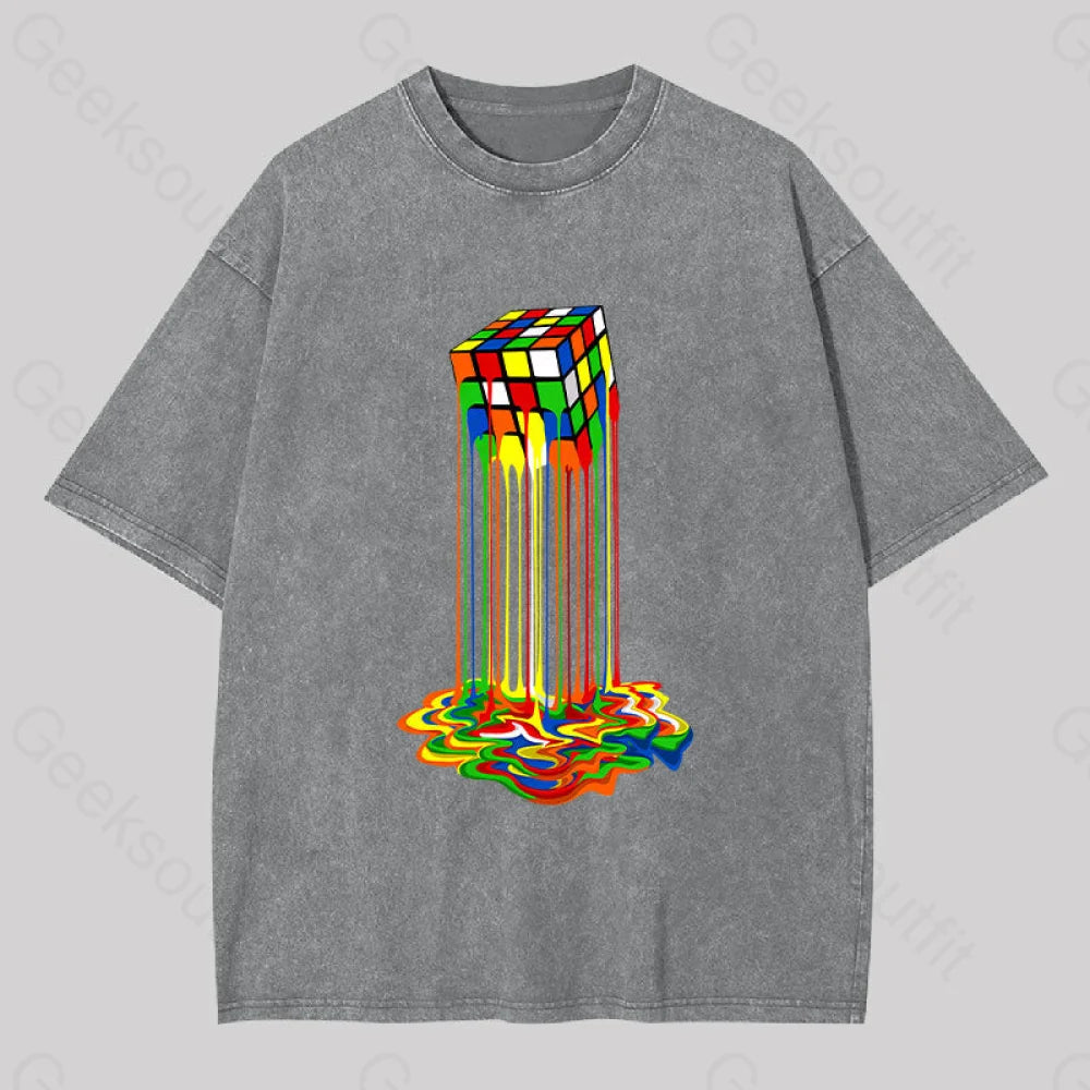 Rainbow Abstraction Melted Rubix Cube Washed T-Shirt Grey / S