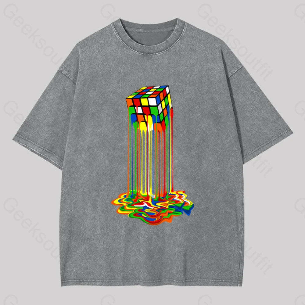 Rainbow Abstraction Melted Rubix Cube Washed T-Shirt Grey / S