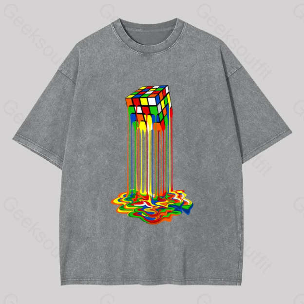 Rainbow Abstraction Melted Rubix Cube Washed T-Shirt Grey / S