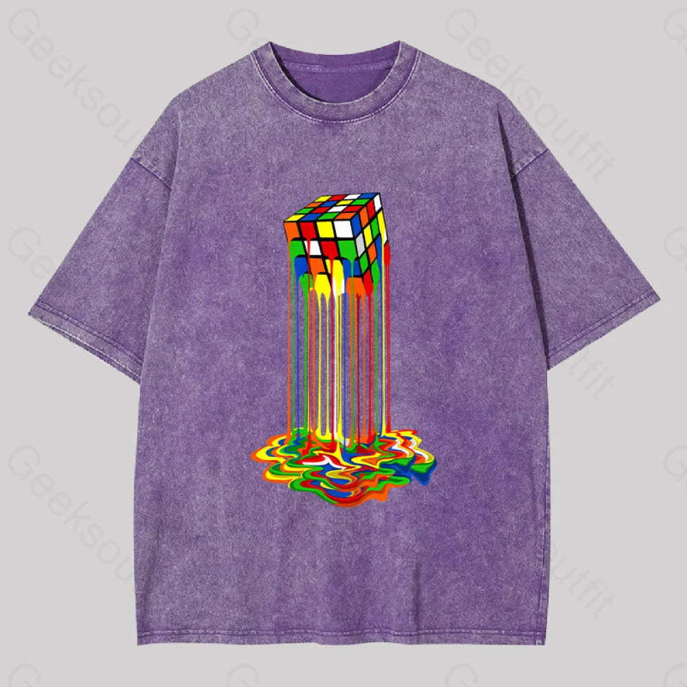 Rainbow Abstraction Melted Rubix Cube Washed T-Shirt Purple / S