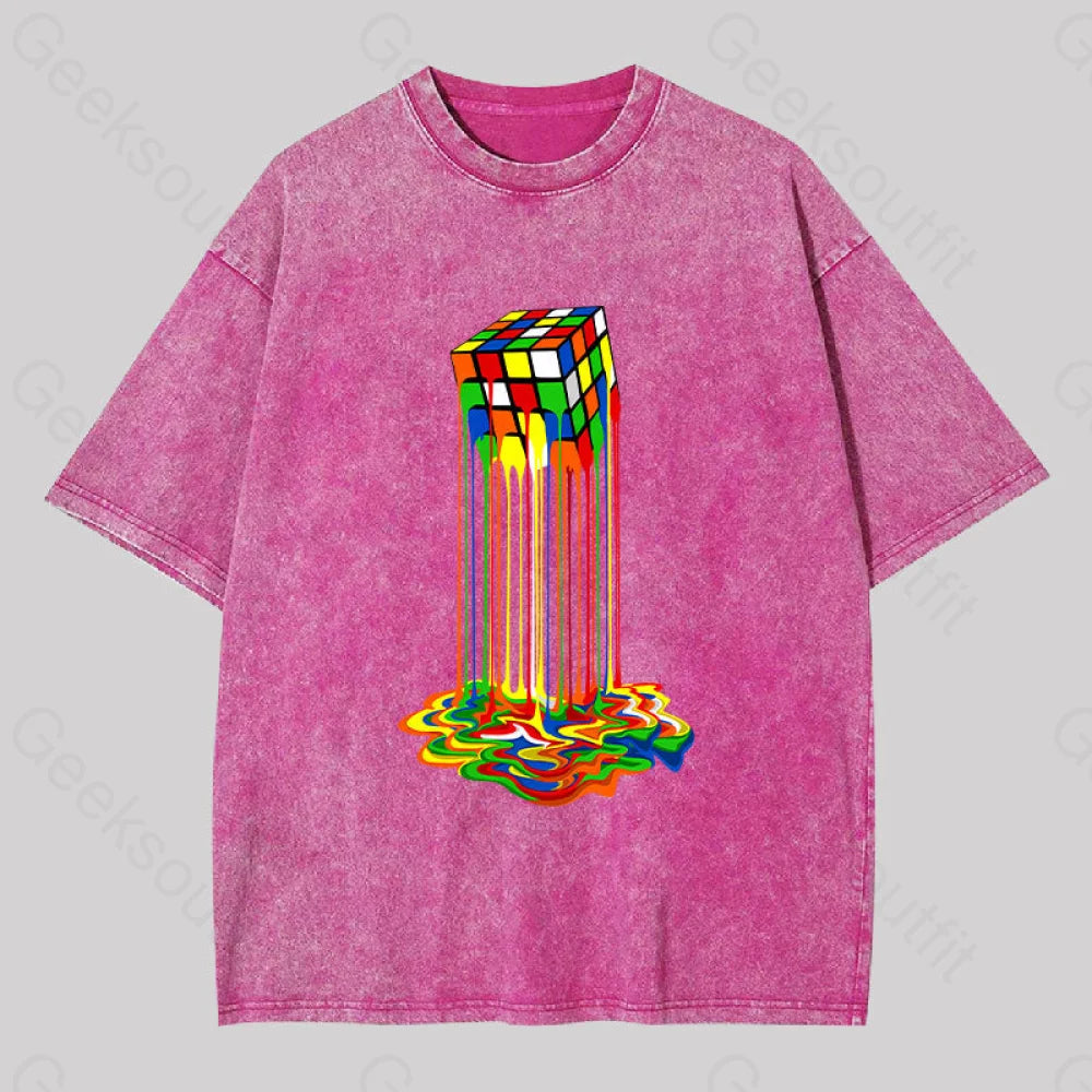 Rainbow Abstraction Melted Rubix Cube Washed T-Shirt Rose Red / S