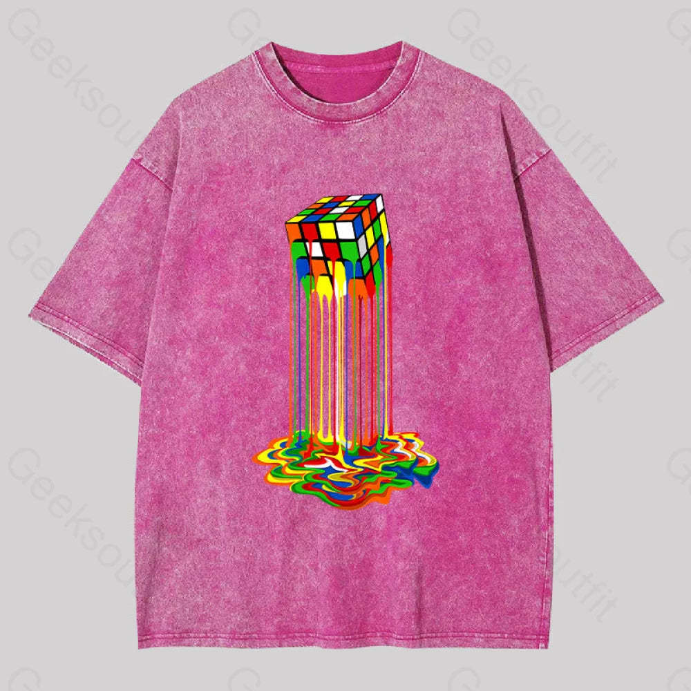 Rainbow Abstraction Melted Rubix Cube Washed T-Shirt Rose Red / S