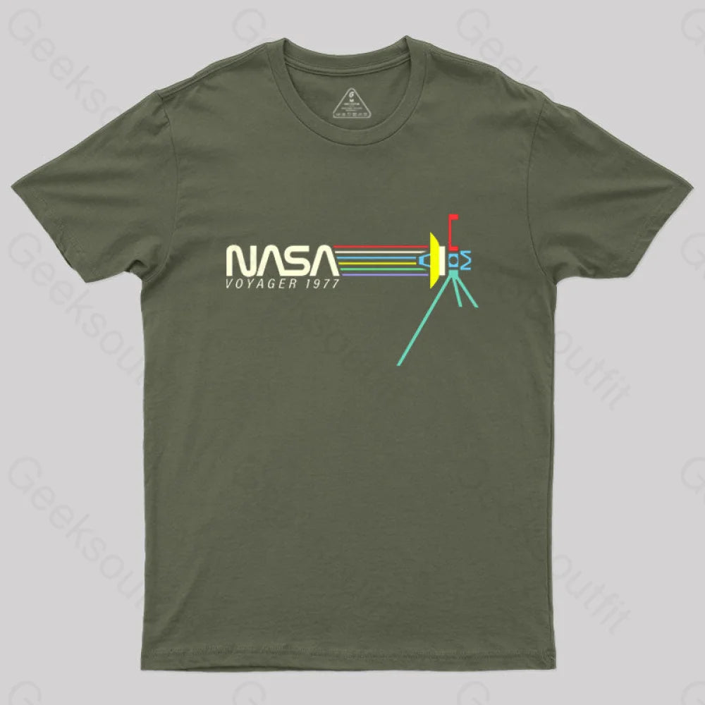 Retro Nasa Voyager Spacecraft T-Shirt Army Green / S