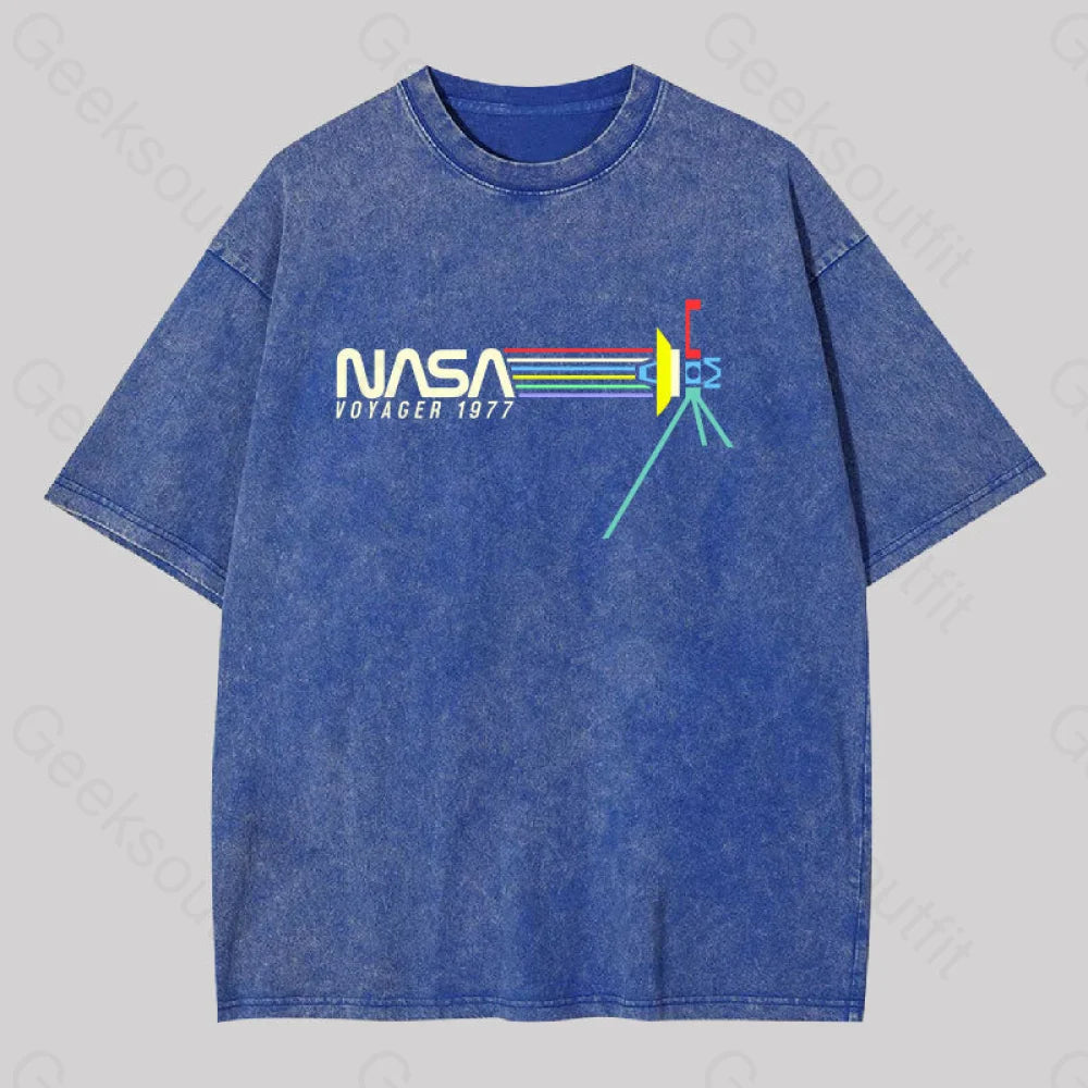 Retro Nasa Voyager Spacecraft Washed T-Shirt Blue / S