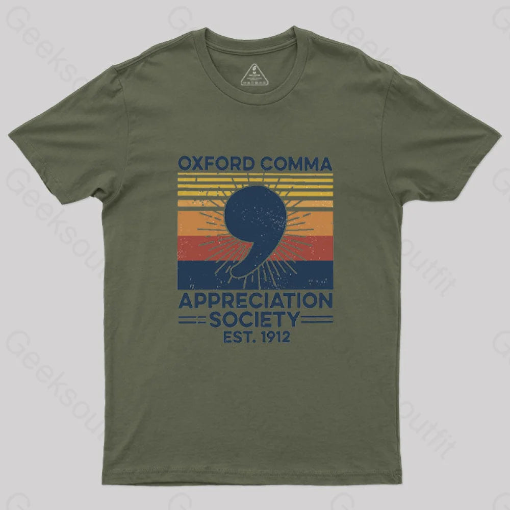 Retro Oxford Comma Appreciation Society T-Shirt Army Green / S