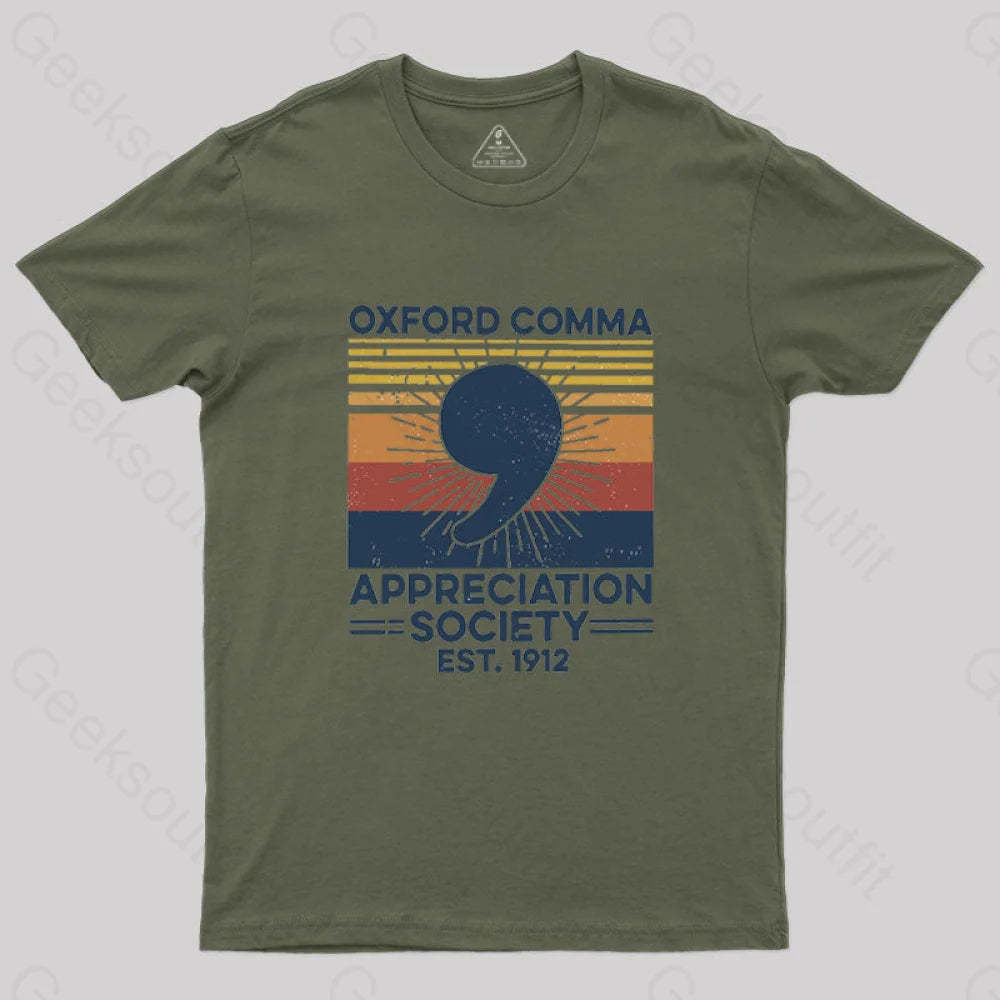 Retro Oxford Comma Appreciation Society T-Shirt Army Green / S