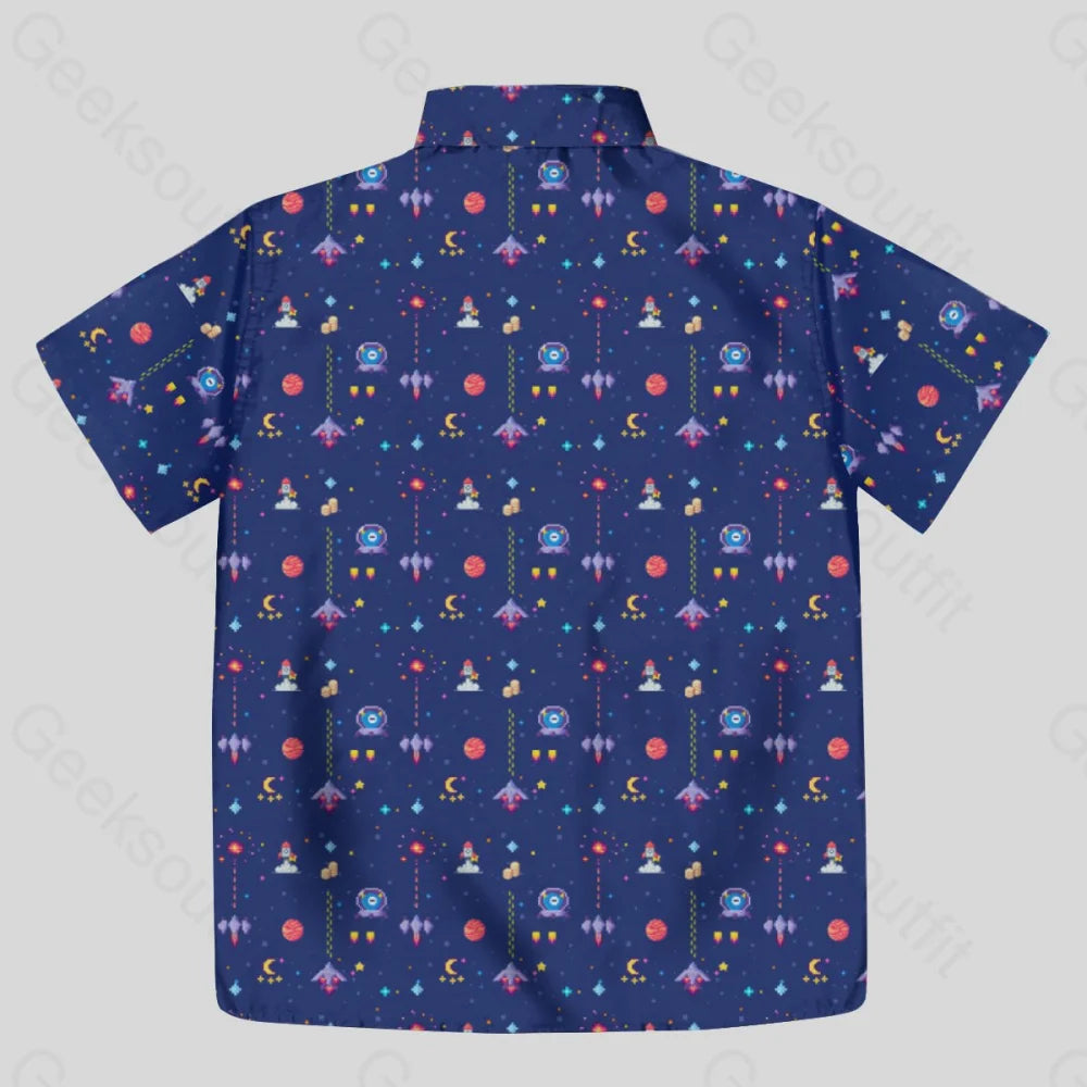 Retro Style Arcade Video Game featuring Space Blue Button Up Pocket Shirt - Geeksoutfit