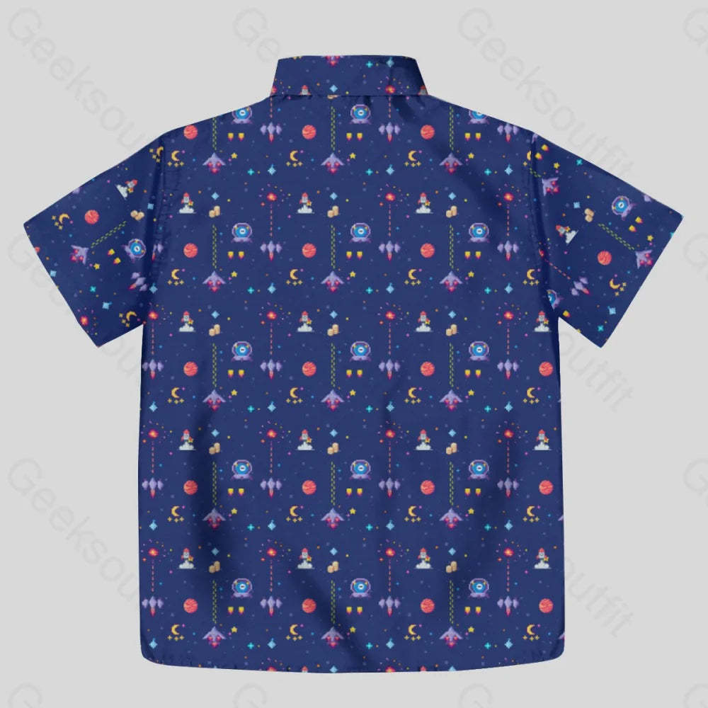 Retro Style Arcade Video Game featuring Space Blue Button Up Pocket Shirt - Geeksoutfit