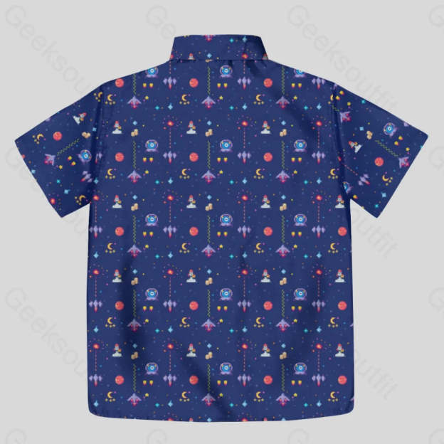 Retro Style Arcade Video Game featuring Space Blue Button Up Pocket Shirt - Geeksoutfit