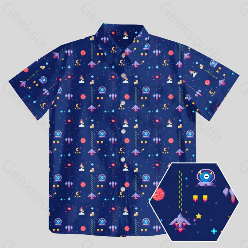 Retro Style Arcade Video Game featuring Space Blue Button Up Pocket Shirt - Geeksoutfit